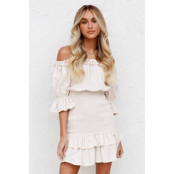 🔸️NWT Simplee Cream Smocked On/Off Shoulder Dress Large - Picture 1 of 9